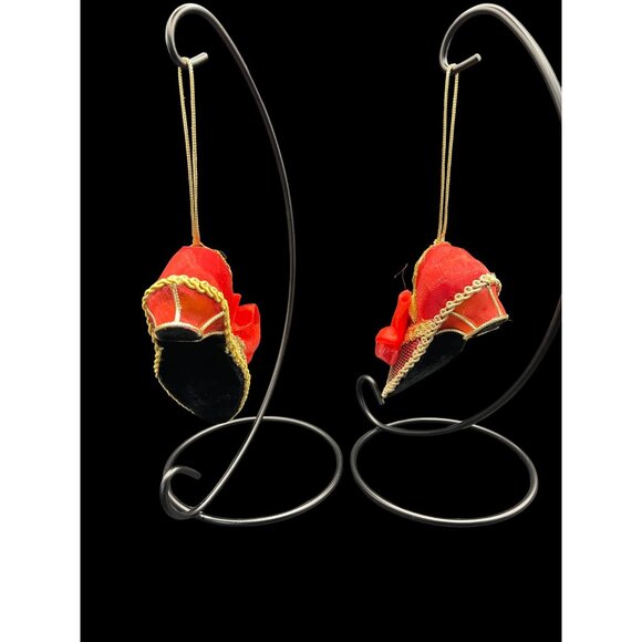 Vintage Set of 2 Red Fabric Gold Trim Bow Decorative Shoe Christmas Ornaments - Picture 3 of 7